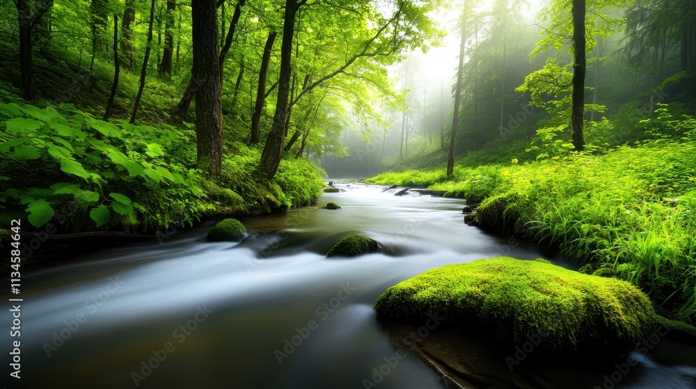 Aufkleber tranquil green forest scene with a gentle stream flowing through, providing a calm and refreshing ba