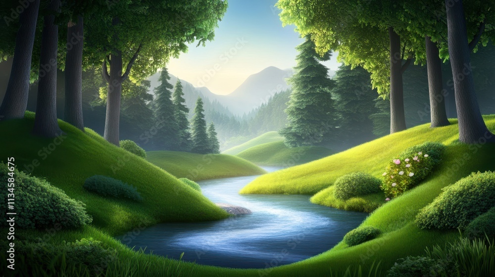 Poster tranquil green forest scene with a gentle stream flowing through, providing a calm and refreshing ba