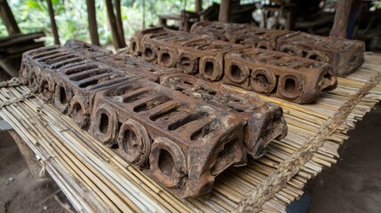 Rustic wooden molds for traditional craftsmanship in natural setting