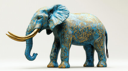 A highly detailed illustration of an elephant with a metallic blue texture, intricate glowing gold engravings on its tusks, and a smooth