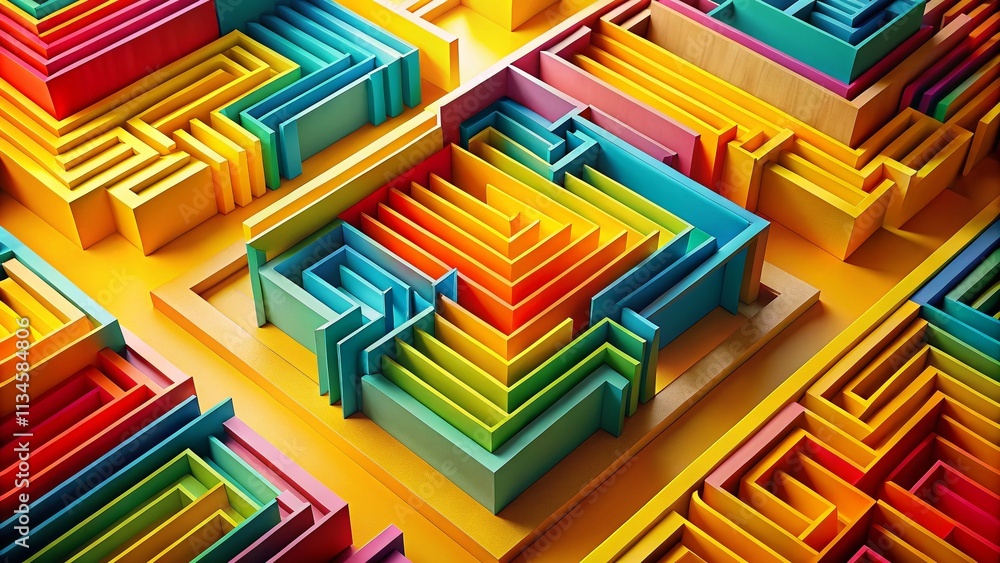 Poster abstract folded paper maze in bright yellow background - 3d render with generative ai techniques for