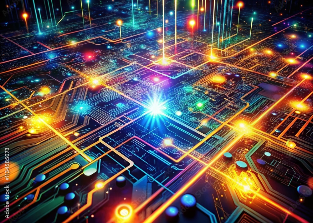 Poster abstract futuristic circuit board with luminous pathways showcasing advanced technology, energy flow