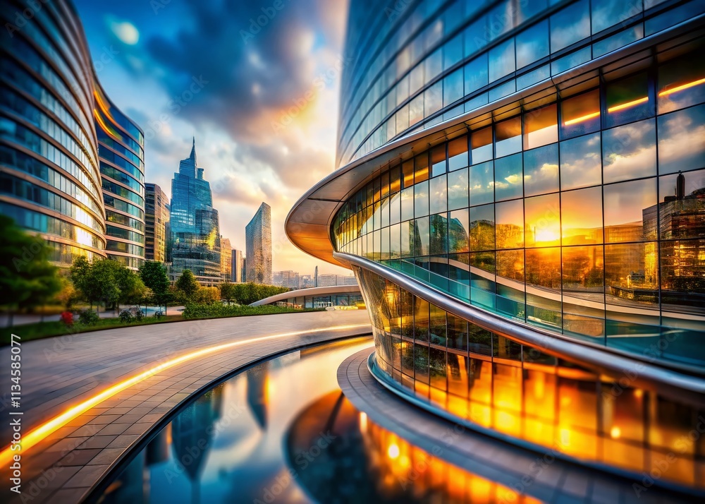 Poster abstract futuristic building design featuring curved glass structures with a tilt-shift photography 