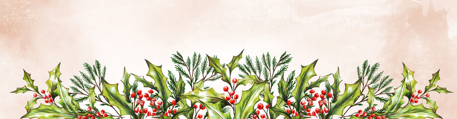 Watercolor Christmas botanical frame, border, branches, leaves, red berries. New Year card template, copy space. Hand painted holiday composition plants . Illustration for design, print, background.