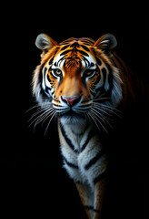 Fototapeta premium Portrait of a withe tiger with a black background, Diffused lighting, with white tones