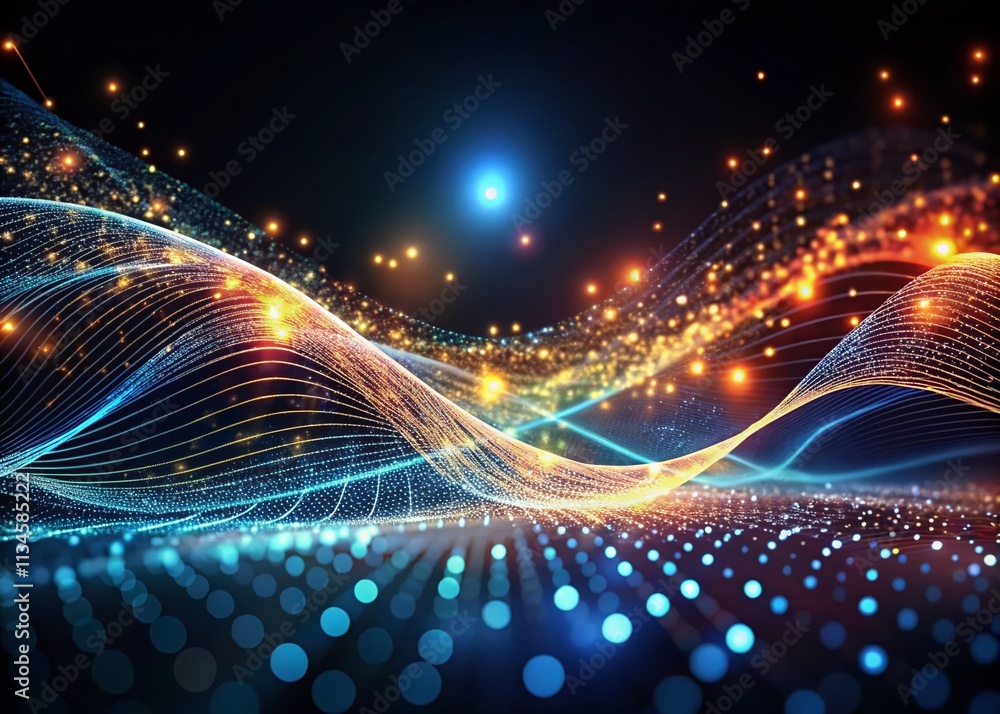 Poster abstract futuristic wave with moving dots and lines in low light photography, showcasing the flow of