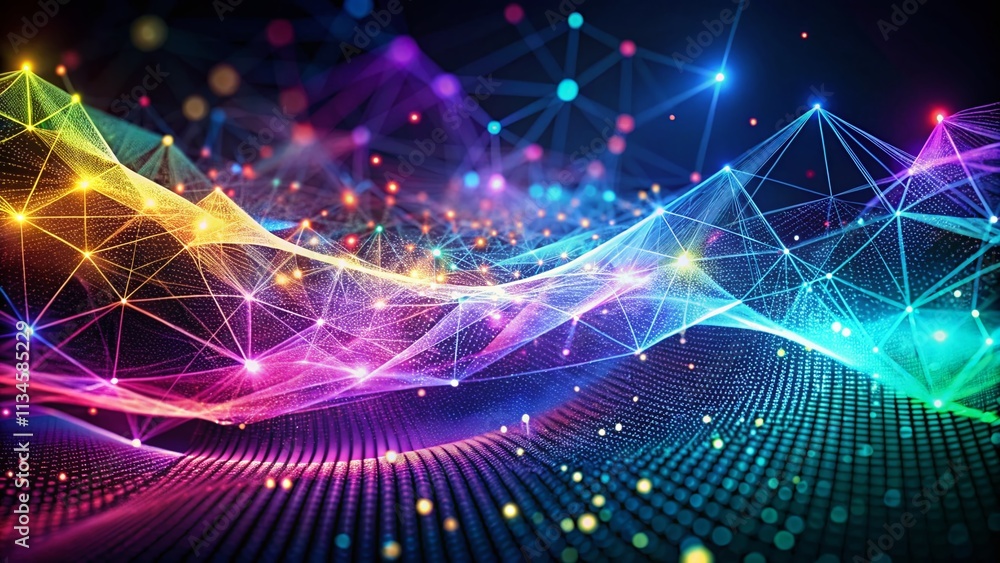 Poster abstract futuristic waves with moving dots, lines, and triangles in a cyber technology environment, 