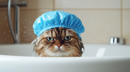 A disgruntled cat in a blue shower cap sits in a bathtub full of water. Washing and grooming pets concept.