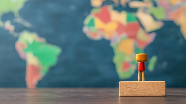 A wooden figure stands on a block in front of a world map