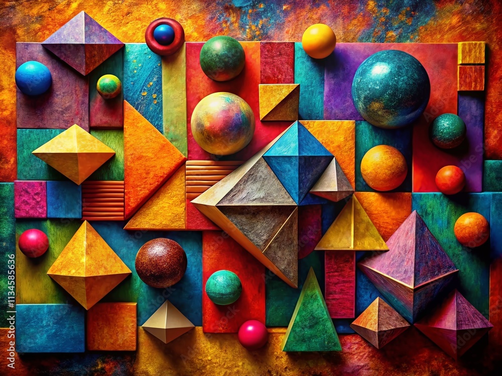 Poster abstract geometric shapes merging with textured background in modern art, showcasing depth and color