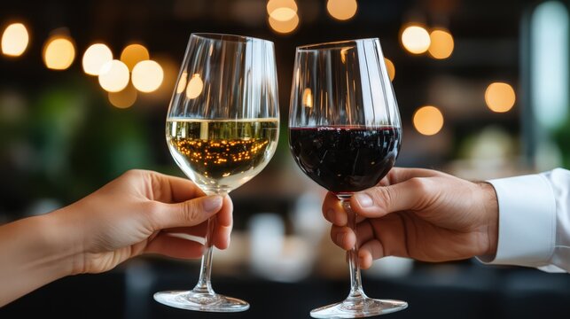 Two people are holding wine glasses and toasting to each other