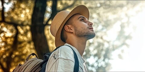 Man in straw hat gazing up at trees