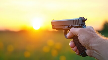 A man is holding a gun in a field with the sun setting in the background