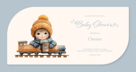 Fototapeta premium Baby Shower Invitation Featuring Watercolor Illustration of a Child in Winter Clothes on a Wooden Toy Train, Baby Shower Invitation Card