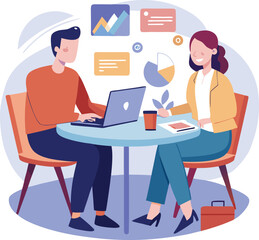 Partners meeting for business discussion with documents and laptop on desk. Couple at round table, speaking, discussing work, partnership. Flat vector on a white background