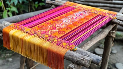 Vibrant Handwoven Textile with Geometric Patterns and Fringes