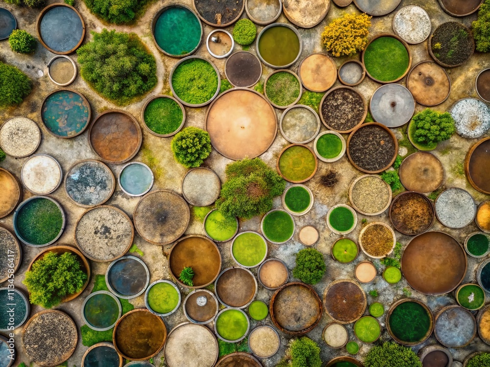 Poster abstract grunge collection of dirty round circles captured from a drone's perspective showcasing uni
