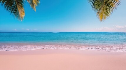 Obraz premium A beautiful beach with a clear blue ocean and palm trees in the background