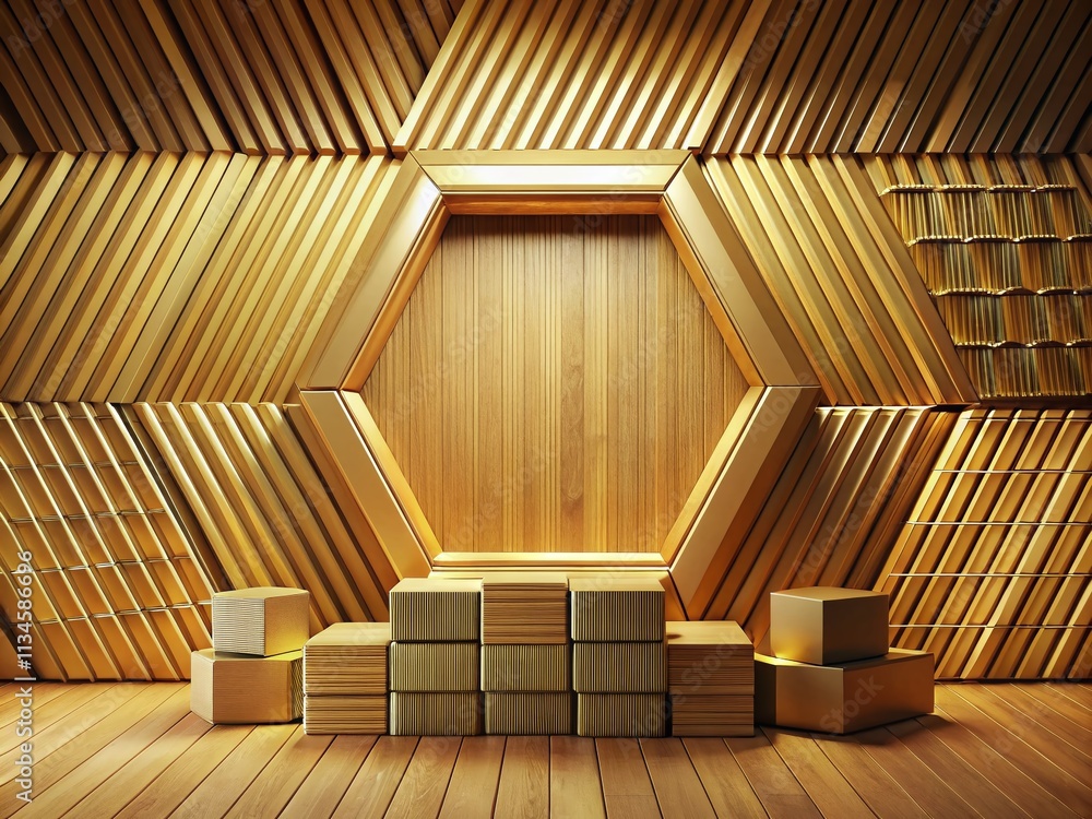 Poster abstract hexagonal pattern with wooden octagon and gold bars for creative visuals and modern design 