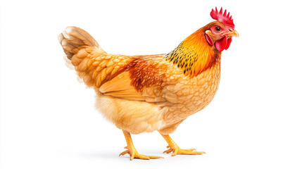 Fototapeta premium Vibrant red chicken with golden feathers standing proudly on white background, showcasing its beauty and charm