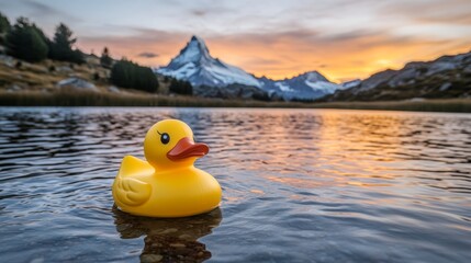 Golden Hour Serenity Yellow Rubber Duck Floats on Tranquil Lake with Majestic Mountain Backdrop