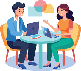 Partners meeting for business discussion with documents and laptop on desk. Couple at round table, speaking, discussing work, partnership. Flat vector on a white background