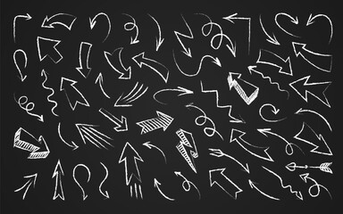 Arrow hand drawn white chalk doodle set on blackboard. Different shape spiral curved direction pointer symbol. Scribble grunge arrows up down left right. Swirl Sketch mark for education infographic