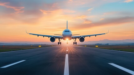 A large white airplane is taking off from a runway