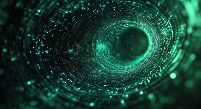 Abstract green digital background with a swirling vortex of data and glowing dots. Black hole or wormhole concept. Futuristic technology, big in the center. - Powered by Adobe
