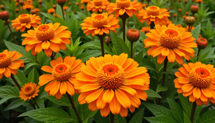 Fototapeta premium Vibrant orange flowers in full bloom surrounded by lush green foliage 