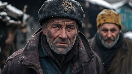 Obraz premium Winter's Gaze: A Portrait of Resilience in the Caucasus Mountains