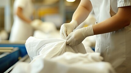 Medical Worker in Gloves Handling Clean Bedsheets in Laundry Area
