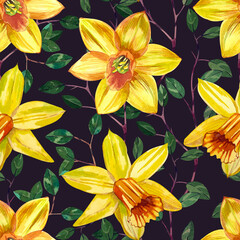 Yellow daffodils and green leaves and branches, hand painted in watercolor. Seamless watercolor pattern with daffodils. Suitable for printing on cards, invitations, for March 8, spring products