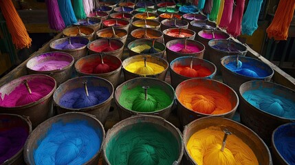 Vibrant Display of Colorful Spools in Textile Workshop Environment
