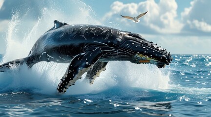 Obraz premium Humpback Whale Leaping in Blue Ocean