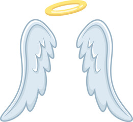 Cartoon angel wings and halo floating gracefully, symbolizing purity, spirituality, and divine presence, perfect for religious or fantasy themed projects © Tartila