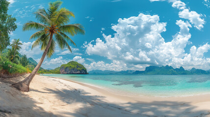 Stunning Palm Tree on a Tropical Island Beach with Clear Blue Sky and Turquoise Ocean