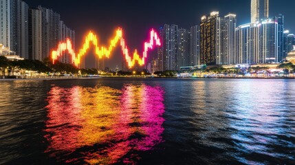 Fototapeta premium Glowing financial stock market chart overlaying a modern city skyline at night with vibrant reflections on the water surface.