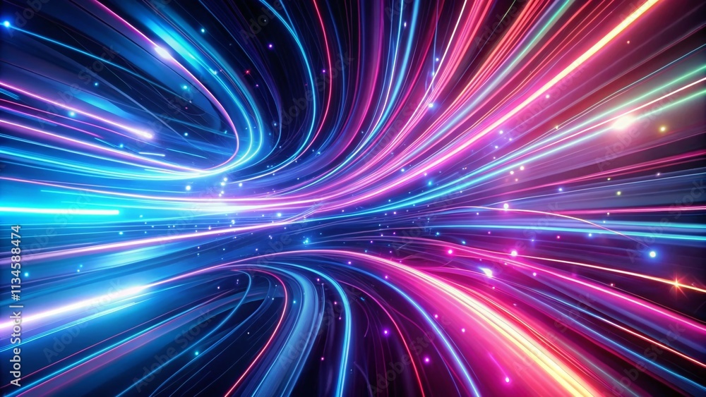 Poster abstract motion lines with bright neon rays in blue, pink, and white creating a dynamic looping back