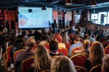 Group of people seated in a conference room watching a presentation on a large screen. Professional...
