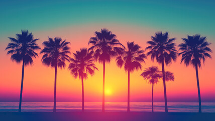 Beautiful Tropical Beach Sunset with Palm Tree Silhouettes and Vintage Colors
