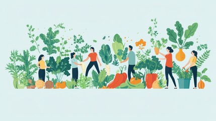 Vibrant Community Garden: People Cultivating Fresh Vegetables and Herbs Together in 2D Flat Illustration