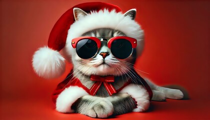 Festive Cat in Santa Hat and Sunglasses