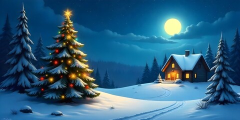 Fototapeta premium A snowy winter landscape with a decorated Christmas tree in the foreground, surrounded by pine trees and a starry night sky with a bright sun in the background, featuring a cozy cabin nearby.