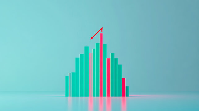 A green bar graph going down with a red arrow pointing at the bottom, white background - Powered by Adobe