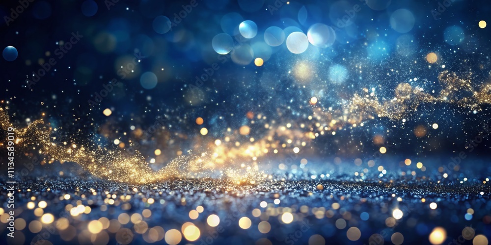 Poster abstract particles and glitter on a dark blue background in a minimalist style, capturing the elegan