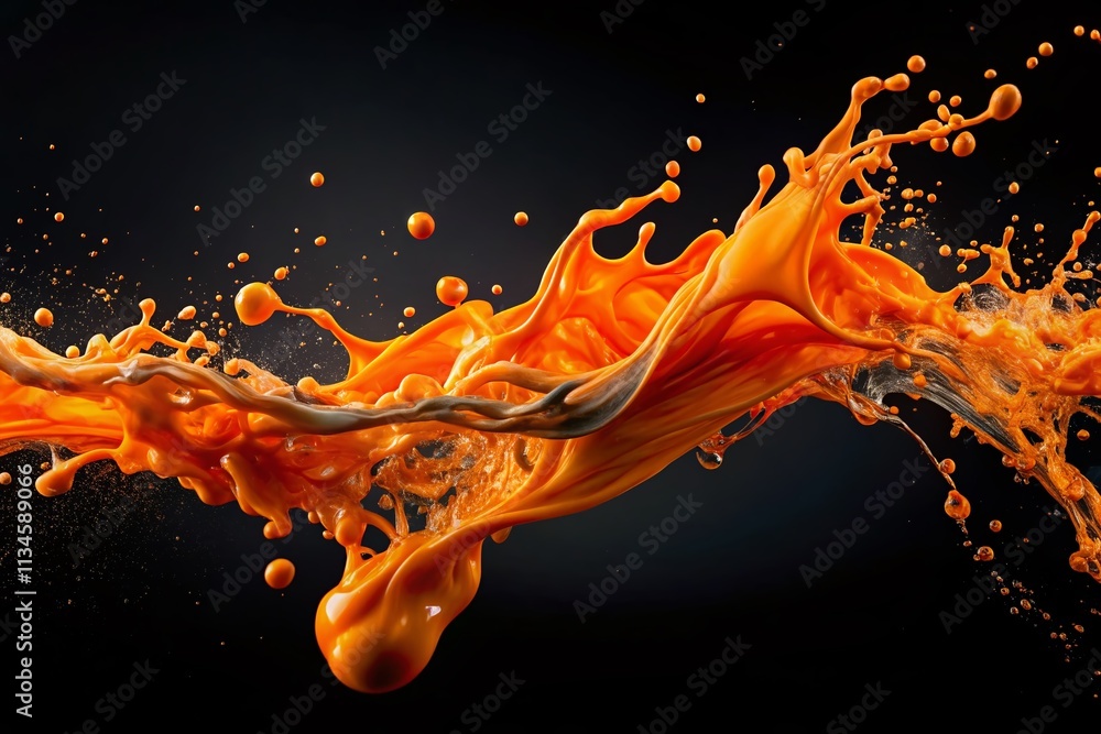 Poster abstract particles of orange liquid flowing and floating in motion on black background, capturing th