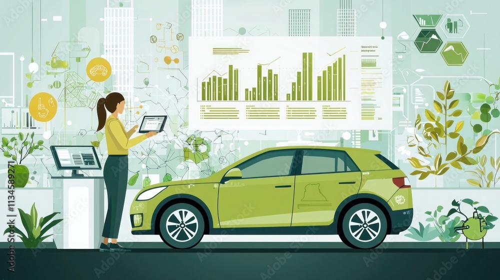 Aufkleber eco-friendly vehicle testing in green tech lab - 2d flat illustration of engineer analyzing emission