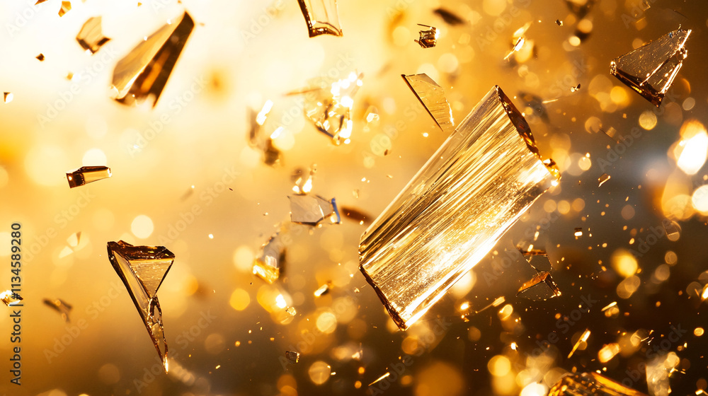 Poster shimmering glass shards reflecting light in dynamic motion during an artistic event in a creative st