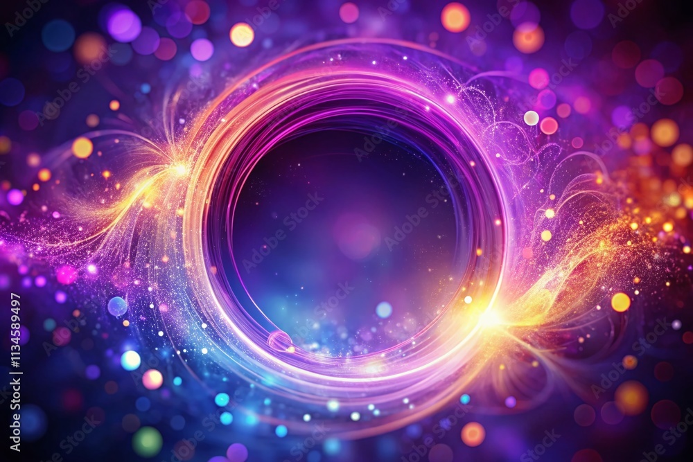 Poster abstract purple swirling circle frame with multicolored lines of energy particles creating a dreamy 